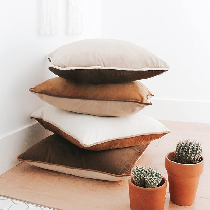 MONDAY MOOSE Decorative Throw Pillow Covers Cushion Cases, Set of 4 Soft Velvet Modern Double-Sided Designs, Mix and Match for Home Decor, Pillow Inserts Not Included (24x24 inch, Brown/Beige)