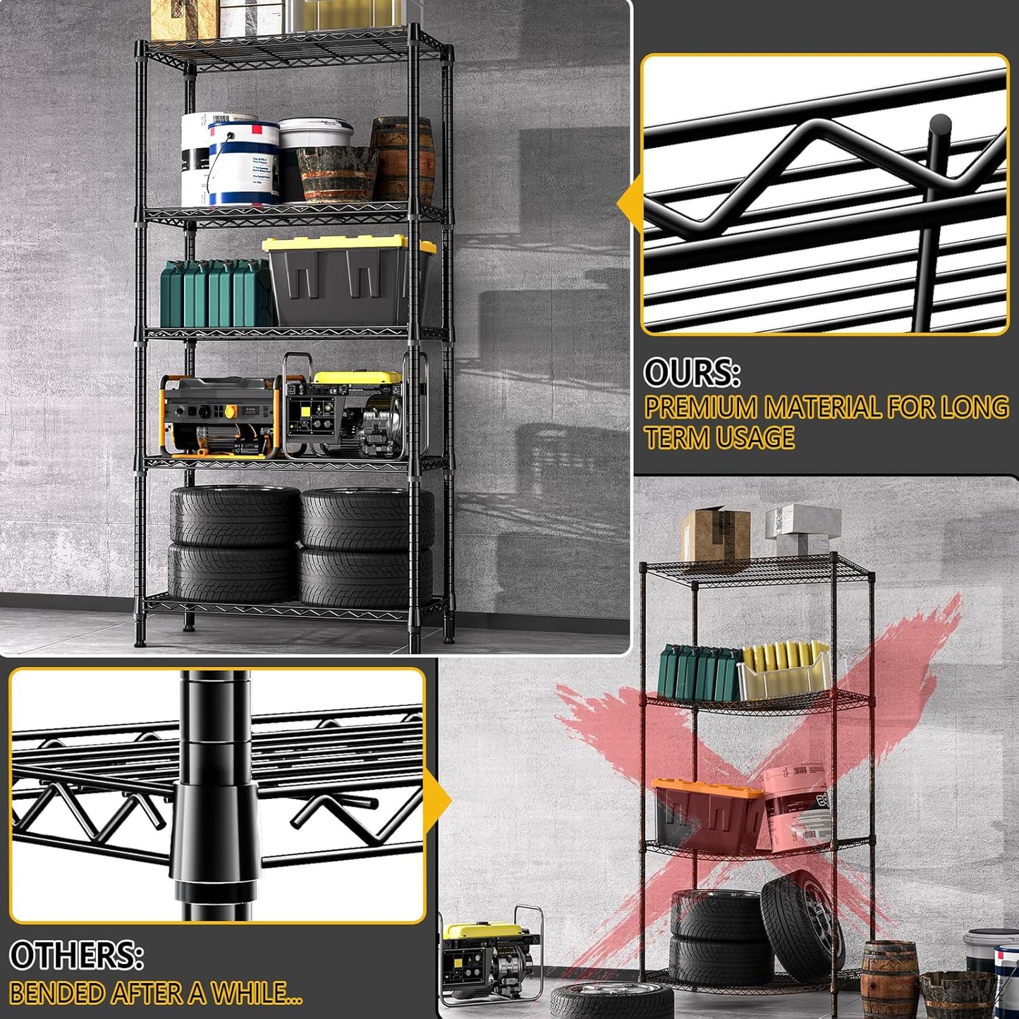 1250 lbs 5 Tier Shelf Metal Storage Shelves Shelving Wire Rack Heavy Duty Closet Organizers for Garage Kitchen Bathroom Laundry Black 13.8" D x 35.4" W x 68.5" H - NestledHome