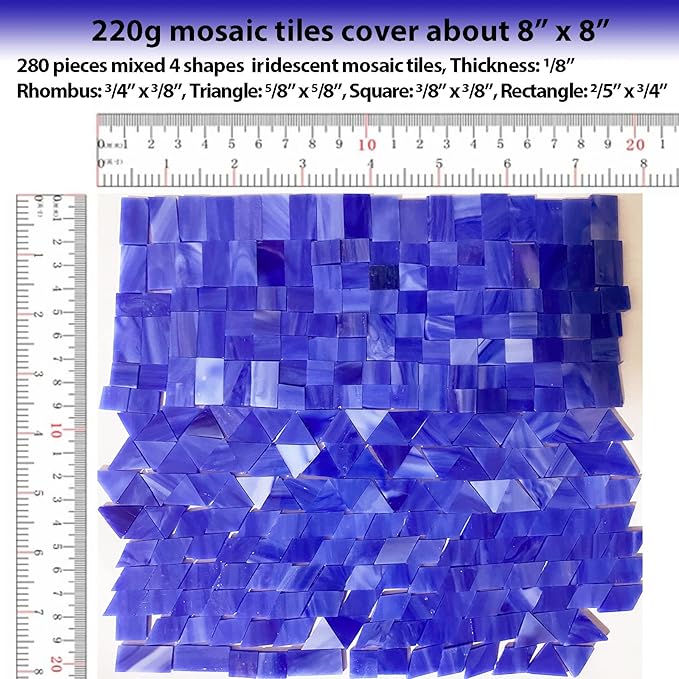 Magic Iridescent Blue Stained Glass Mosaic Tiles, 280 Pieces Mixed 4 Shapes Mosaic Glass Pieces for Crafts and Mosaic Making Projects