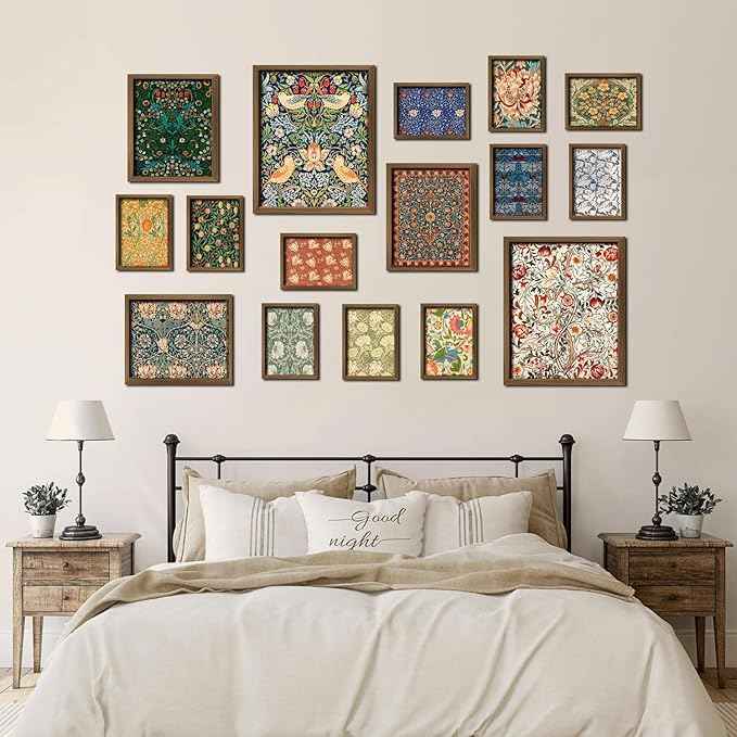 ANERZA 16 PCS Framed William Morris Wall Art Decor, Floral Wall Prints for Bedroom, Gallery Wall Frame Set, Vintage Posters for Living Room Aesthetic, Botanical Collage Kit, Dorm Home Artwork