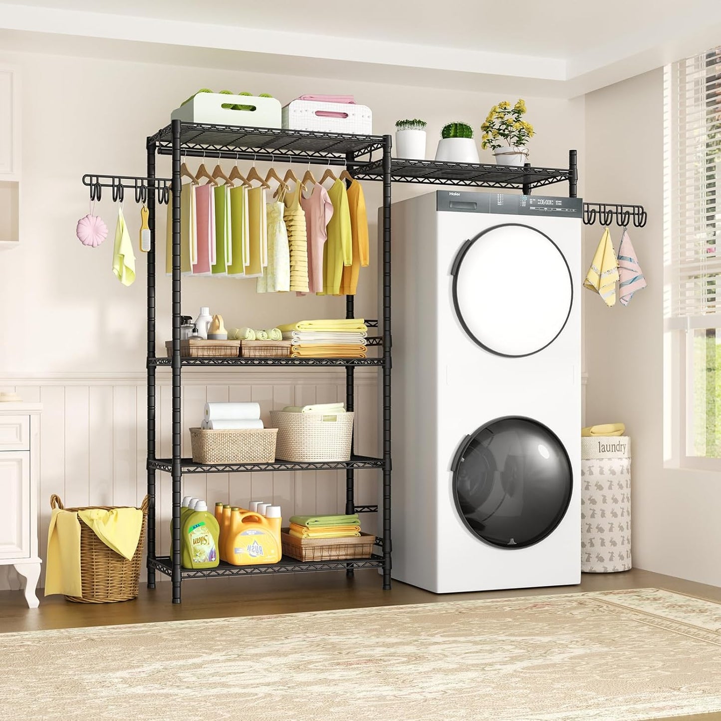 Ulif U5 Over the Washer and Dryer Storage Shelf, Laundry Room Space Saver Bathroom Storage and Organizer Rack for Hanging Towels and Drying Clothes with 5 Wire Shelves, 58.2"W x 13.4"D x 77.5"H, Black - NestledHome