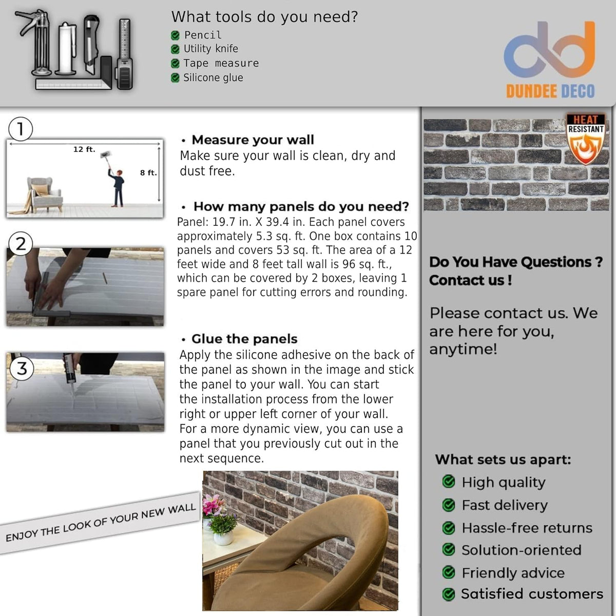 Dundee Deco 3D Wall Panels Faux Brick - Cladding, Grey Black Stone Look Wall Paneling, Styrofoam Facing for Living Room, Kitchen, Bathroom, Balcony, Bedroom, Set of 5, Covers 27 sq ft