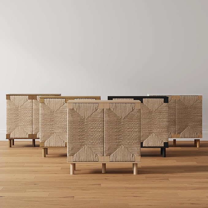 Nathan James Beacon Accent Natural Sideboard Storage Cabinet TV Stand in Wire-Brushed Wood with Adjustable Interior Shelf and Seagrass Doors, for Hallway, Entryway or Dining Room, Black, Set of 3