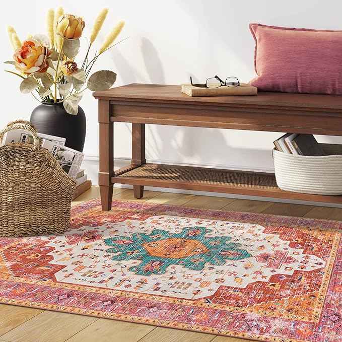 Moynesa Ultra-Thin Washable Vintage Area Rug - 3x5 Boho Girls Bedroom Non-Slip Non-Shedding Oriental Medallion Living Room Mat Indoor Carpet for Office Nursery Room, Pink/Teal/Multi