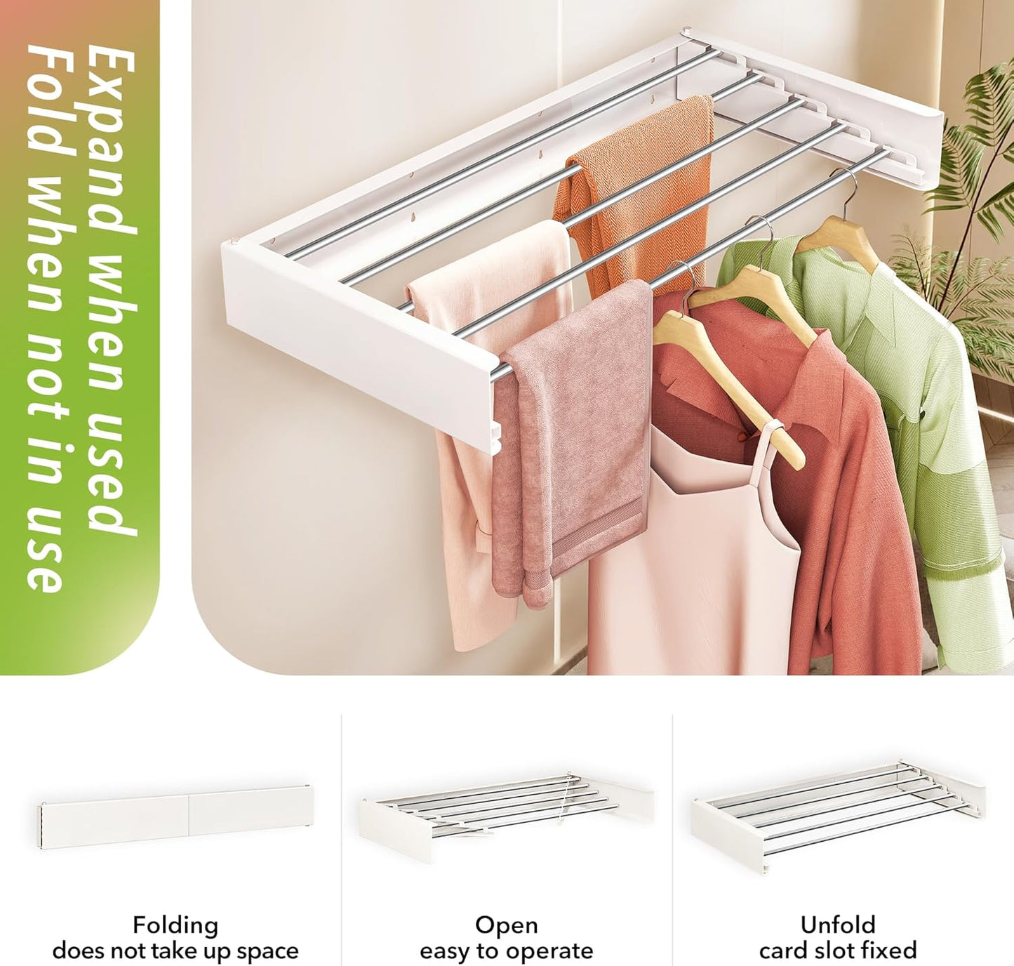 Wall Mounted Clothes Drying Rack 32 inches,Foldbale Laundry Drying Rack Wall Mount,Drying Rack Clothing Space Saver,Retractable,Collapsible,Folding Laundry Rack,White - NestledHome