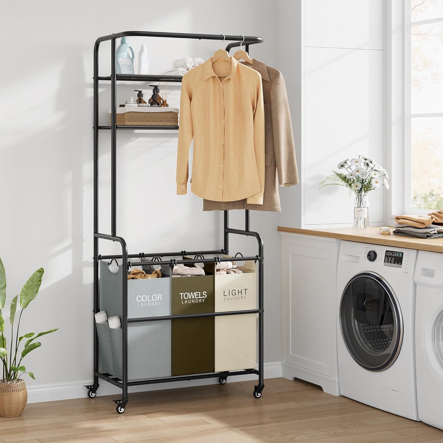 Laundry Sorter 3 Section,Laundry Hamper Cart with Hanging Rack & Removable Bags,Heavy Duty Laundry Basket Organizer with Wheels & 2 Tier Shelf,3 Colors - NestledHome