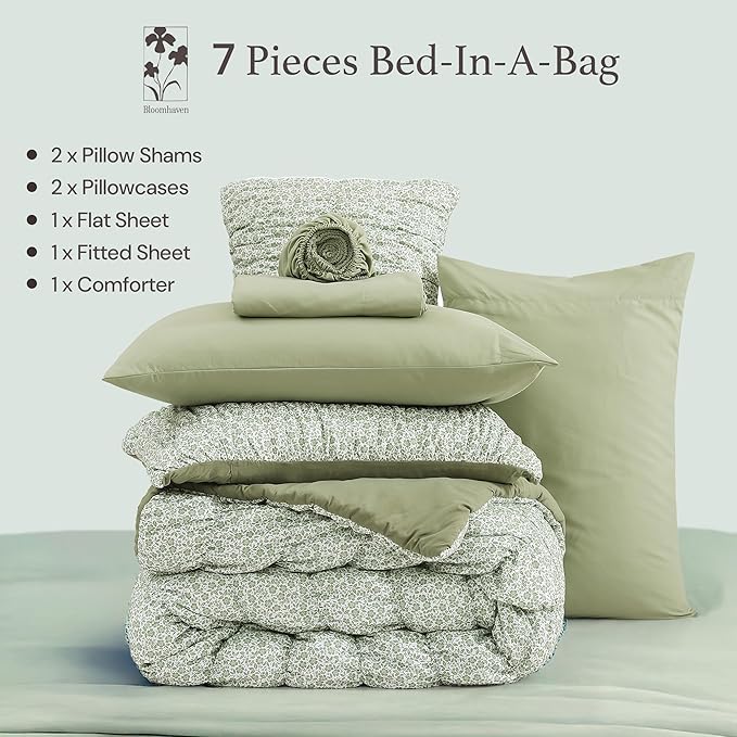 Twin XL Size Comforter Sets-5 Pieces Puff Sage Green Floral Bedding Set for All Seasons, Shabby Chic Farmhouse Bed in a Bag Twin XL with Floral Comforter, Sheets, Pillowcases & Shams
