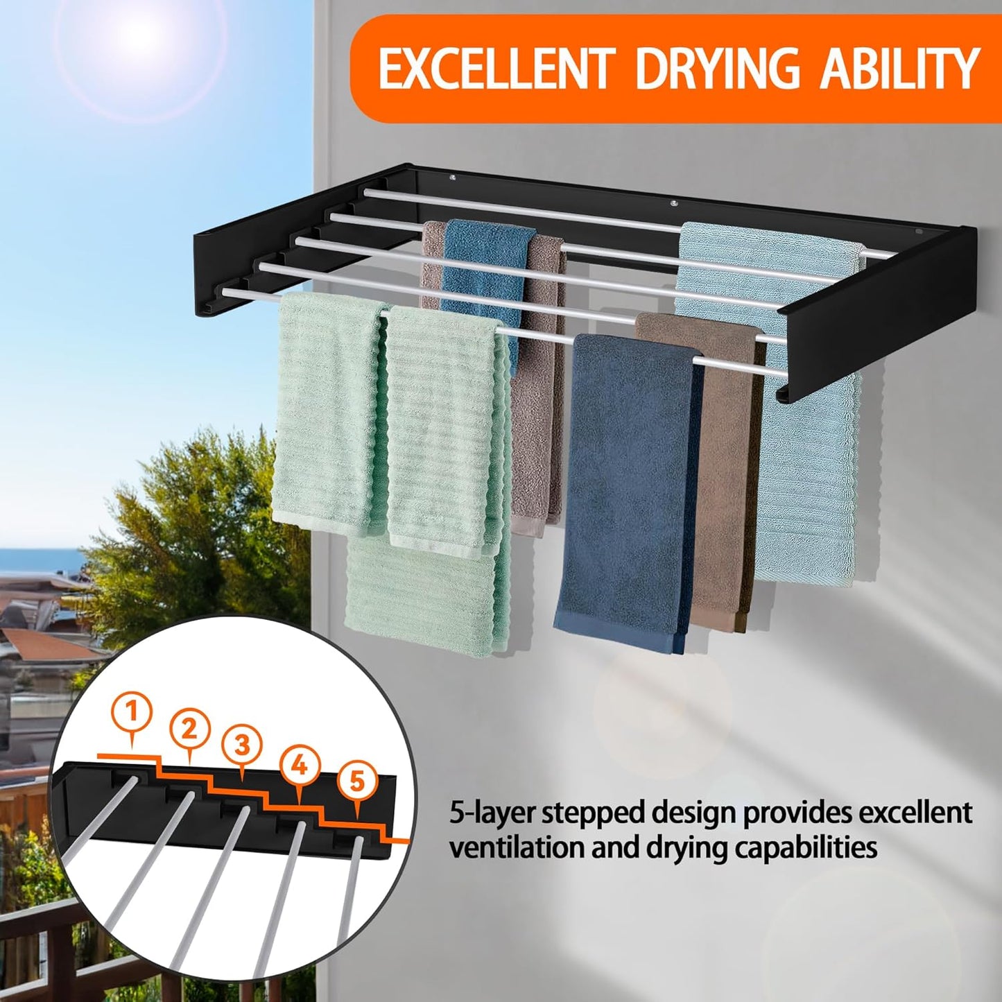 FOCHIER F Laundry Drying Rack Wall Mounted Clothes Drying Rack Collapsible with 5 Aluminum Rods and Drilling Template Long Screwdriver Bit 60 lbs Capacity (Black, 31.5") - NestledHome