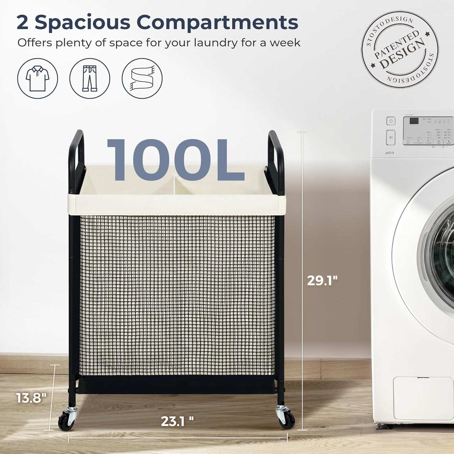 STO STO Laundry Hamper 2 Section, 100L Rolling Laundry Sorter Cart with Removable and Washable Liner Bag, Rolling Clothes Hamper with Metal Handle for Laundry Room and Bedroom - NestledHome