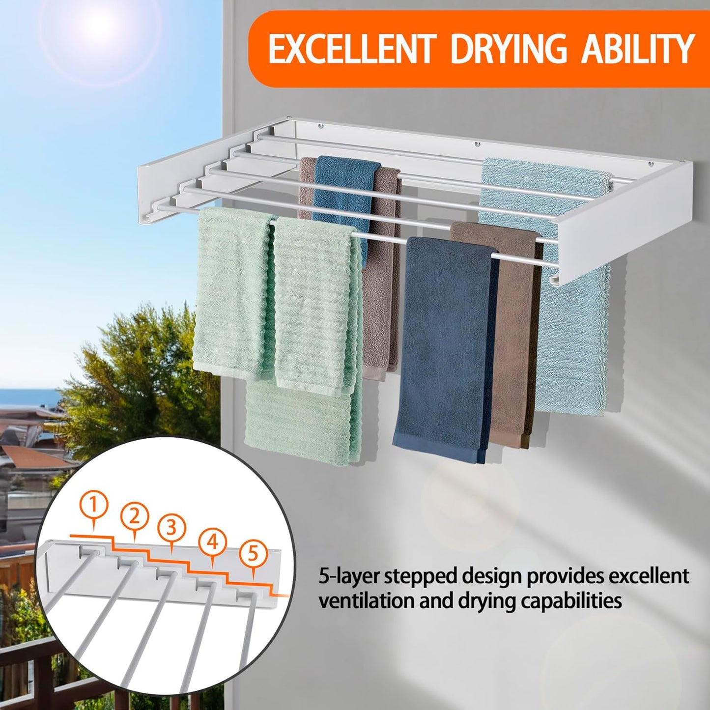FOCHIER F Laundry Drying Rack Wall Mounted Clothes Drying Rack Collapsible with 5 Aluminum Rods and Drilling Template Long Screwdriver Bit 60 lbs Capacity (White, 31.5") - NestledHome
