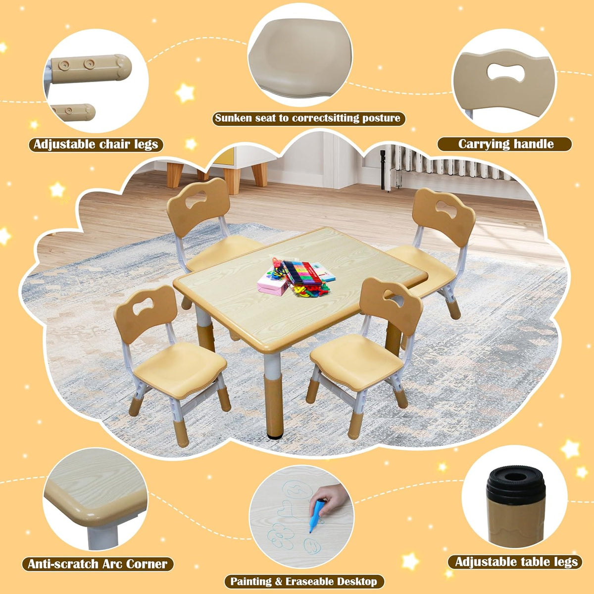Kids Table and 4 Chairs Set with Graffiti Desktop, Toddler Furniture Set, Non-Slip, Table Children Study Desk, Dining Table, Height Adjustable Desk, Painting Desktop for Kids (31.5x23.6Inch) - NestledHome