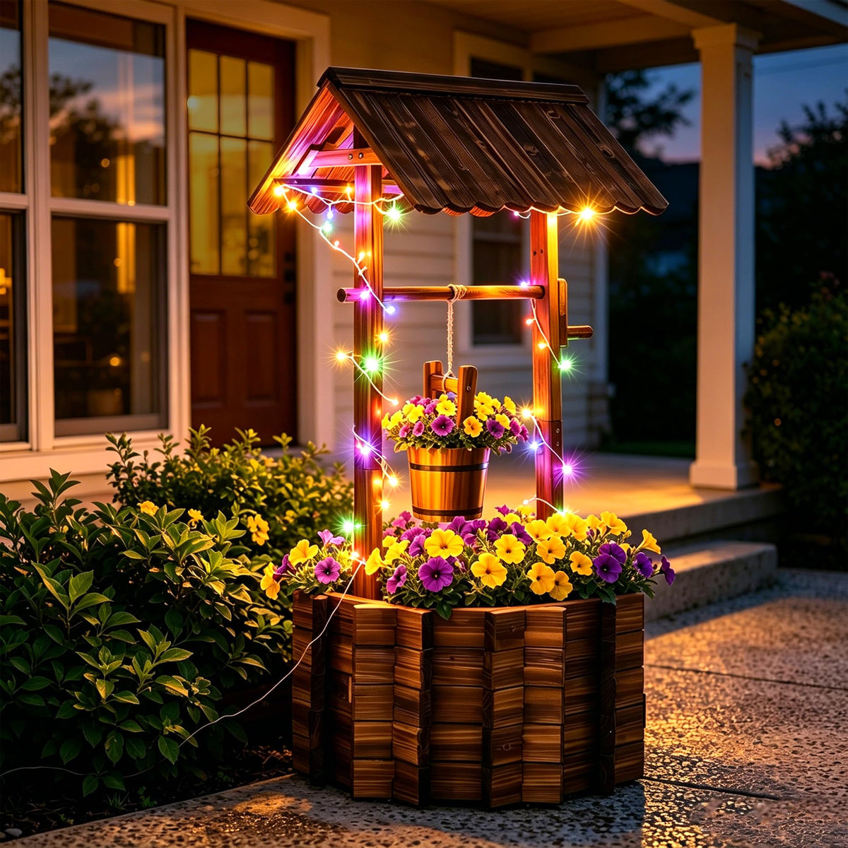 54" Outdoor Wooden Wishing Well Planter with Colorful LED Lights
