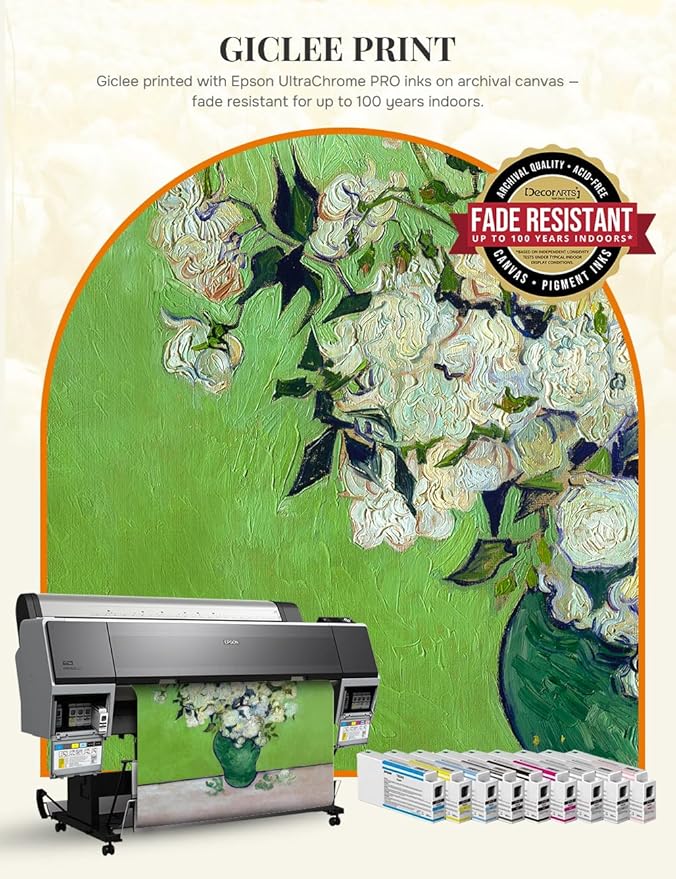 DECORARTS - Vincent Van Gogh Roses (Pink Roses in a Vase) Large Framed Wall Art, Giclee Canvas Print, Classic Framed Artwork Ready to Hang 28x34, Made in USA