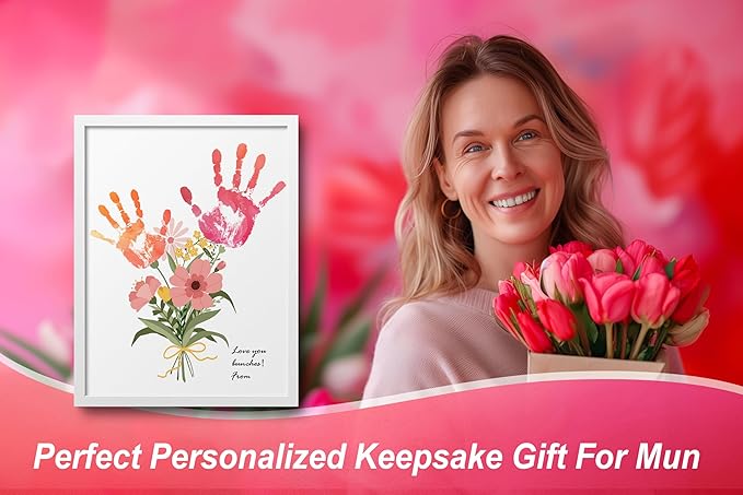TwoDays Flower Bouquet Handprint Art Craft DIY Kit, Unique Gifts for Mom from Daughter or Son for Mother's Day Birthday Christmas, Gift for Grandma. (Floral-1, White)