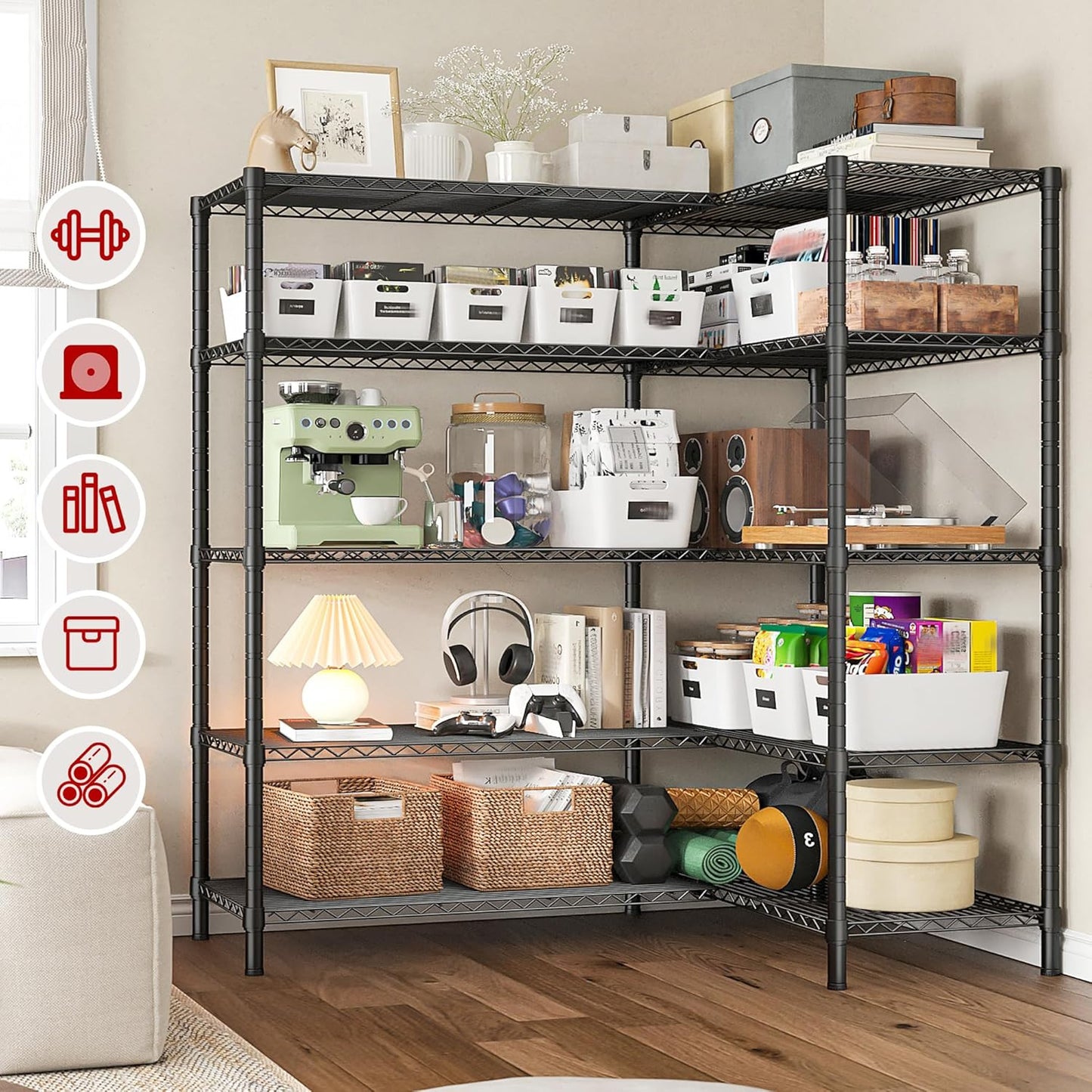 REIBII 5 Tier Wire Shelving Storage Shelves Loads 1430LBS, 58" W Metal Shelving Unit for Storage Adjustable Heavy Duty Garage Shelving Pantry Shelves Kitchen Shelving, Black, 2 Pack - NestledHome