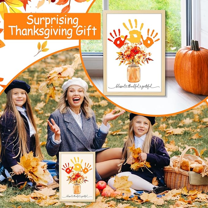 Fall Thanksgiving Flower Bouquet Handprint Art Craft DIY Kit Thanksgiving Day Family Handprint Bouquet in Vase Keepsake with Wood Frame Fall Thankful DIY Gifts for Mom Dad Holiday Birthday 12x16 Inch