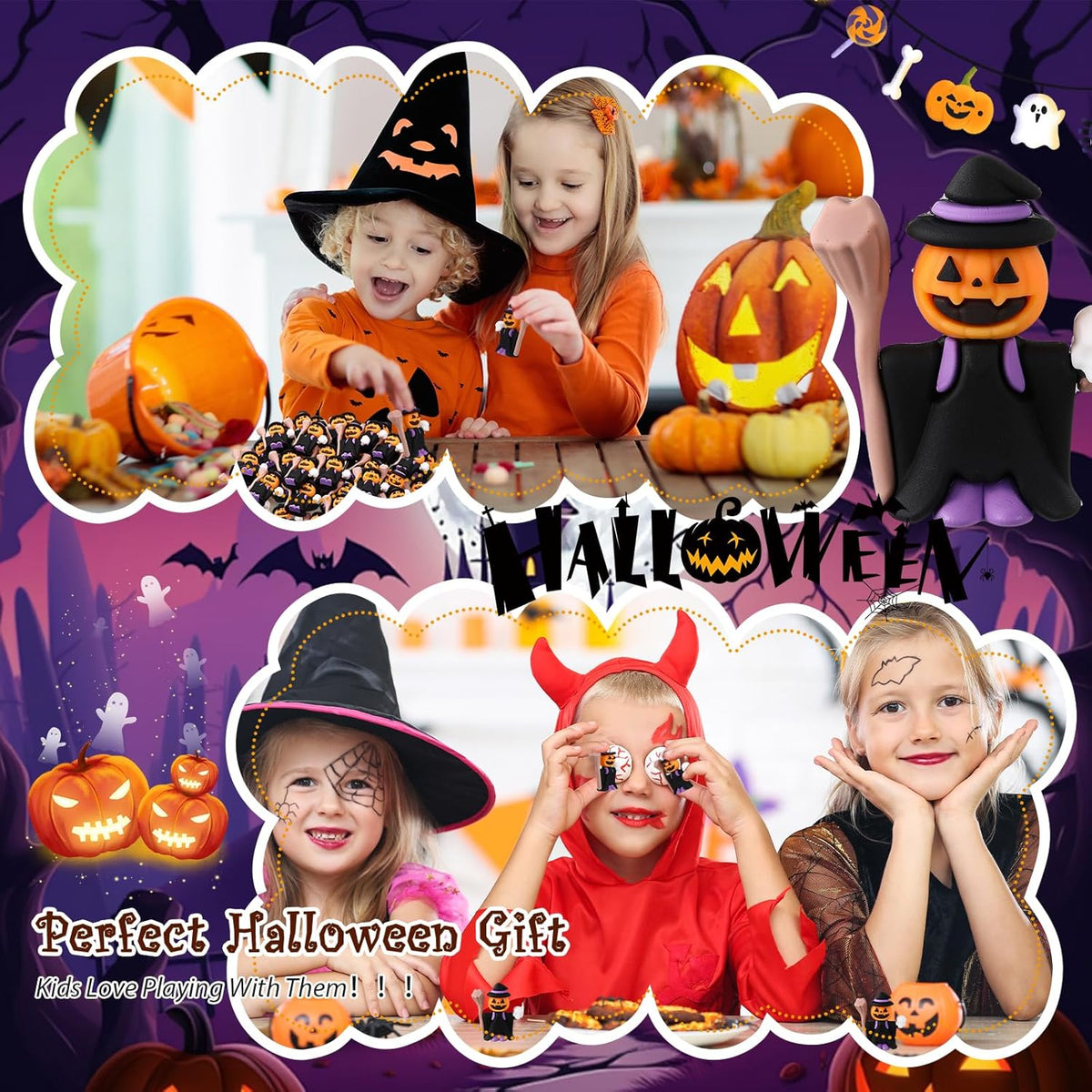 50 Pcs Halloween Mini Figurines Tiny Pumpkin Figures to Hide and Seek Rubber Wizard Miniatures Ornaments Gifts for Halloween Party Favors Table Decorations(Wizard)