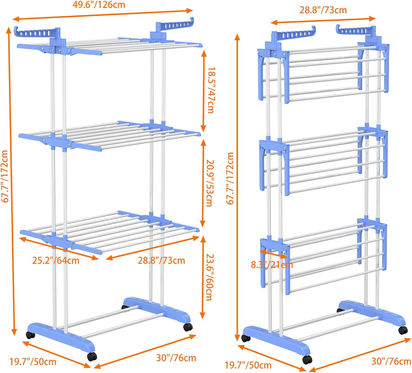 HOMIDEC Clothes Drying Rack, Large 4-Tier Foldable Drying Rack Clothing(67.7H x 19.7W x 30L Inches), Movable Drying Rack with 4 castors. Multifunctional Stainless Steel Laundry Drying Rack, Blue - NestledHome
