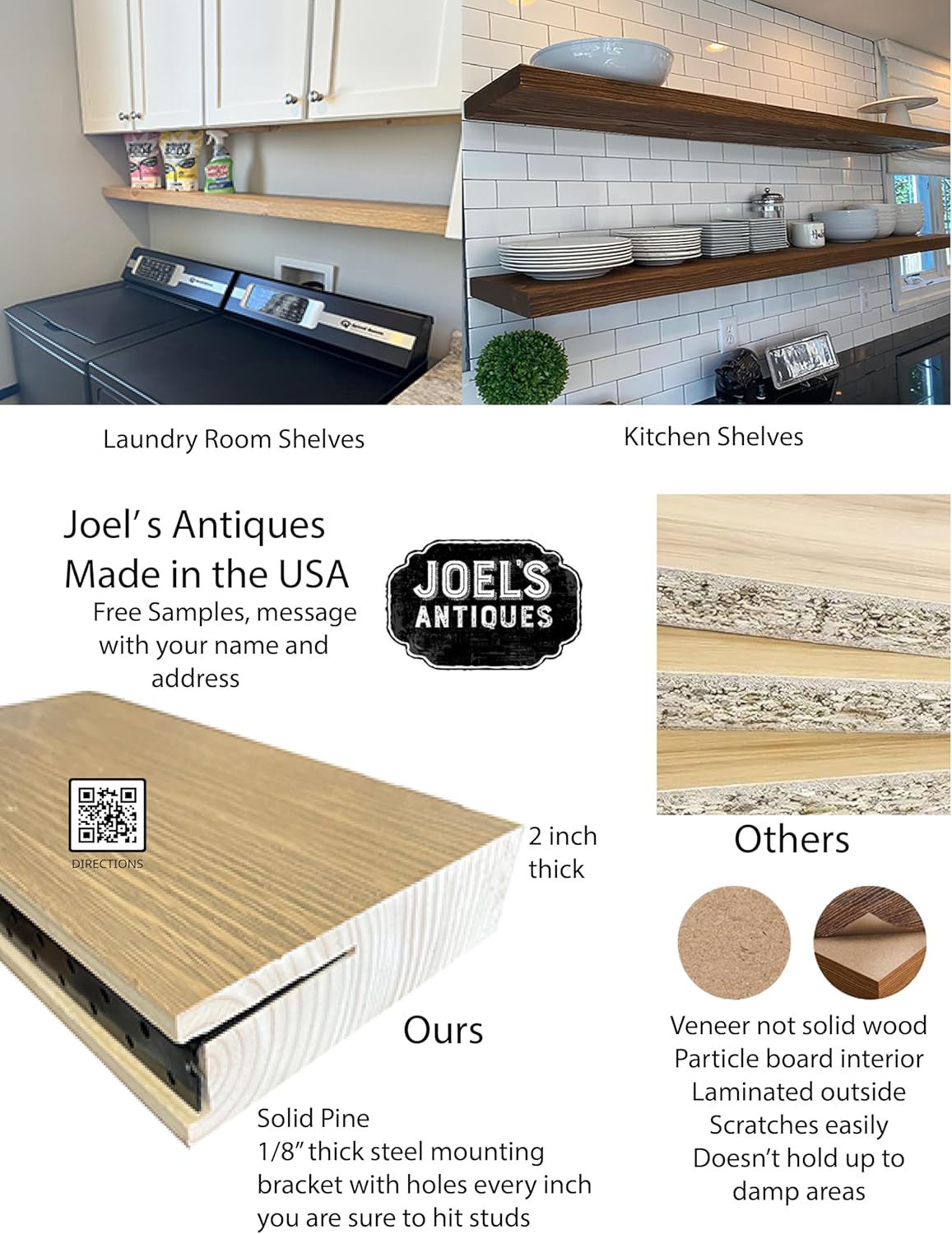 joelsantiques - 60 Inch Wooden Floating Shelves for Wall - 60x12x2 in - Made of Natural Wood - Long Heavy Duty Rustic Wall Shelves for Bedroom - Perfect for Living Room, Kitchen - Beige