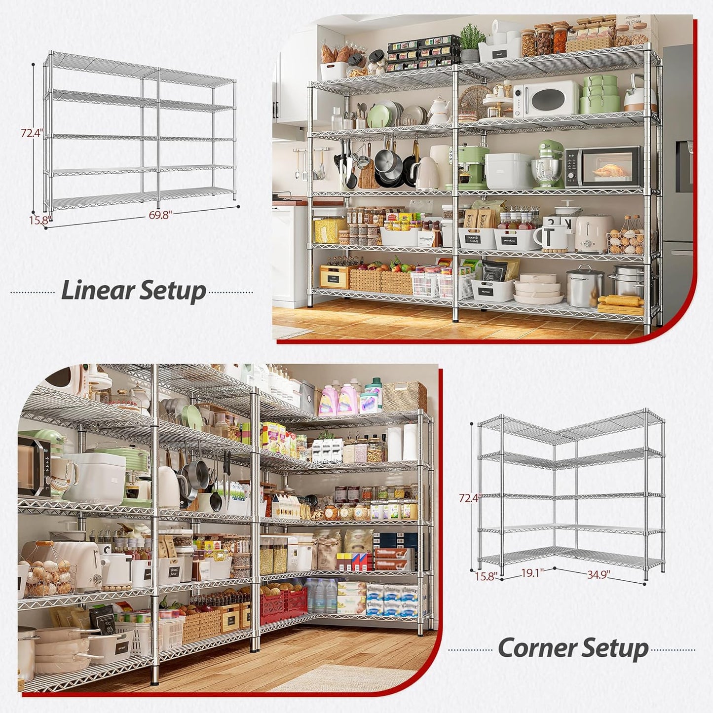 REIBII 69.8" W Storage Shelves 1510LBS Wire Shelving Unit 5 Tier Metal Shelving for Storage Rack Shelves Adjustable Heavy Duty Garage Shelf Pantry Shelves Kitchen Shelving,69.8"Wx15.8"Dx72.4"H,Chrome - NestledHome