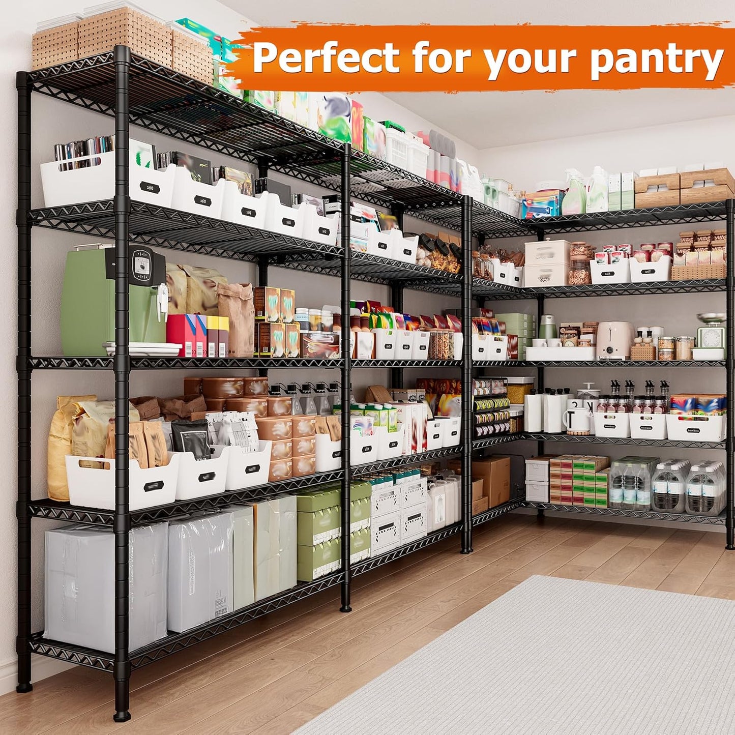 REIBII 1600LBS Storage Shelves Metal Shelving 5 Tier Wire Shelving Unit, 69.8" W Pantry Shelves Kitchen Shelves Adjustable Wire Shelf for Garage Storage Shelves, 69.8" Wx15.8 Dx72.4 H, Black - NestledHome