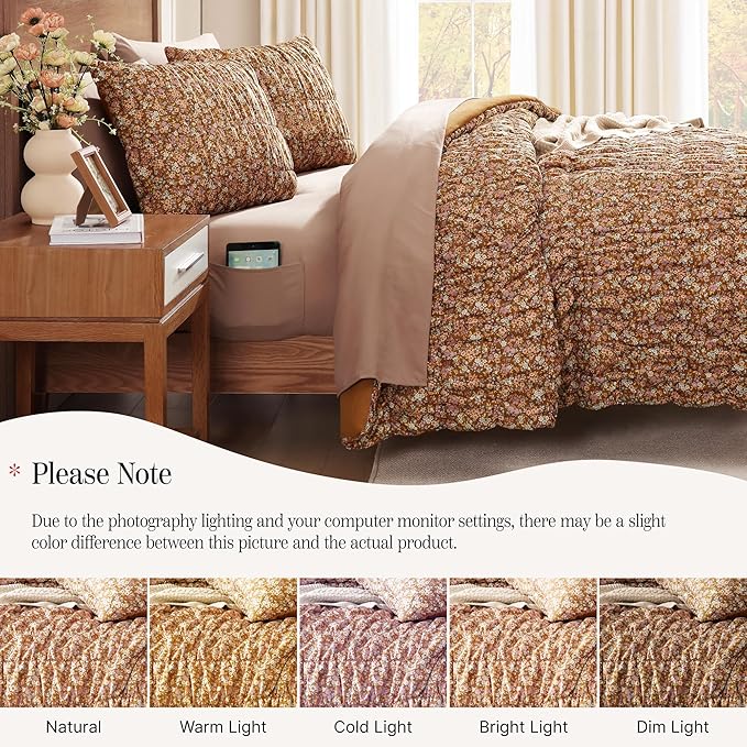 King Comforter Set-7 Pieces Brown Classic Puff Floral Bedding Sets for All Seasons,Shabby Chic Farmhouse Bed in a Bag King with Wildflowers Fluffy Comforter,Sheets, Pillowcases & Shams