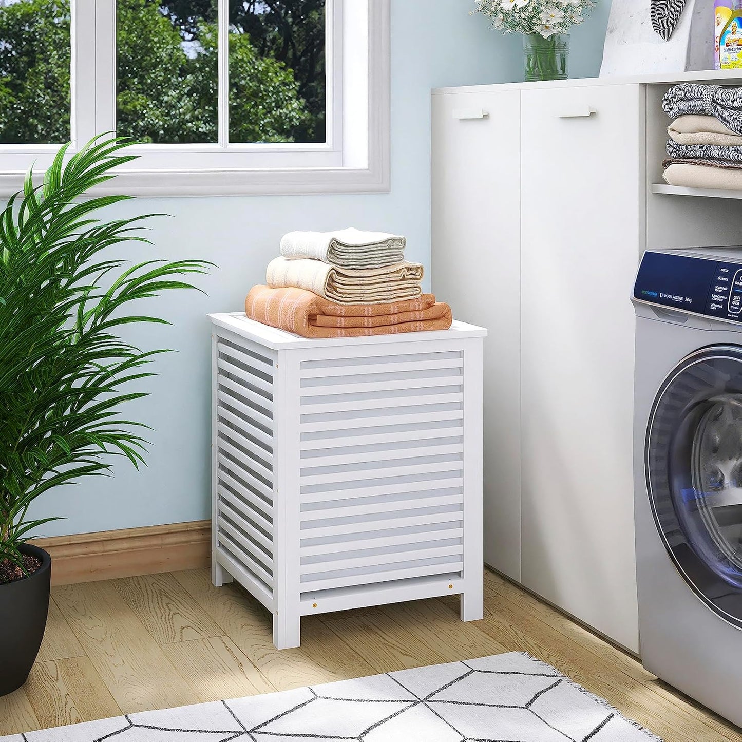 SMIBUY Double Laundry Hamper with Lid, 120L Bamboo Laundry Basket with Removable Liner Bag, 2-Section Clothes Divider Laundry Sorter for Laundry Room, Bathroom, Bedroom (White) - NestledHome