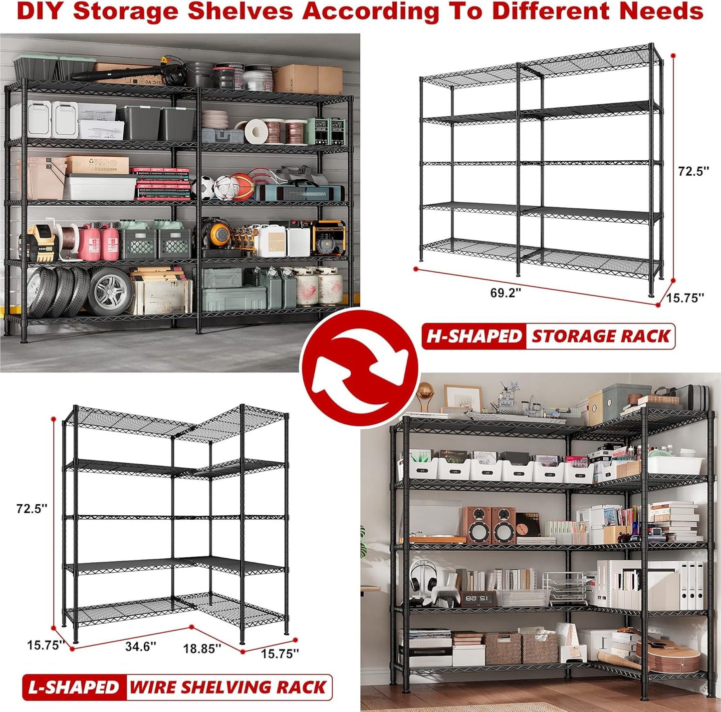 REIBII 70" W Storage Shelves Heavy Duty Load 1600LBS, Metal Shelving 5-Tier Wire Shelving Unit Metal Shelves for Storage Adjustable Shelving Rack for Pantry Kitchen 70" W*15.8" D*72.4" H, 2 Pack - NestledHome