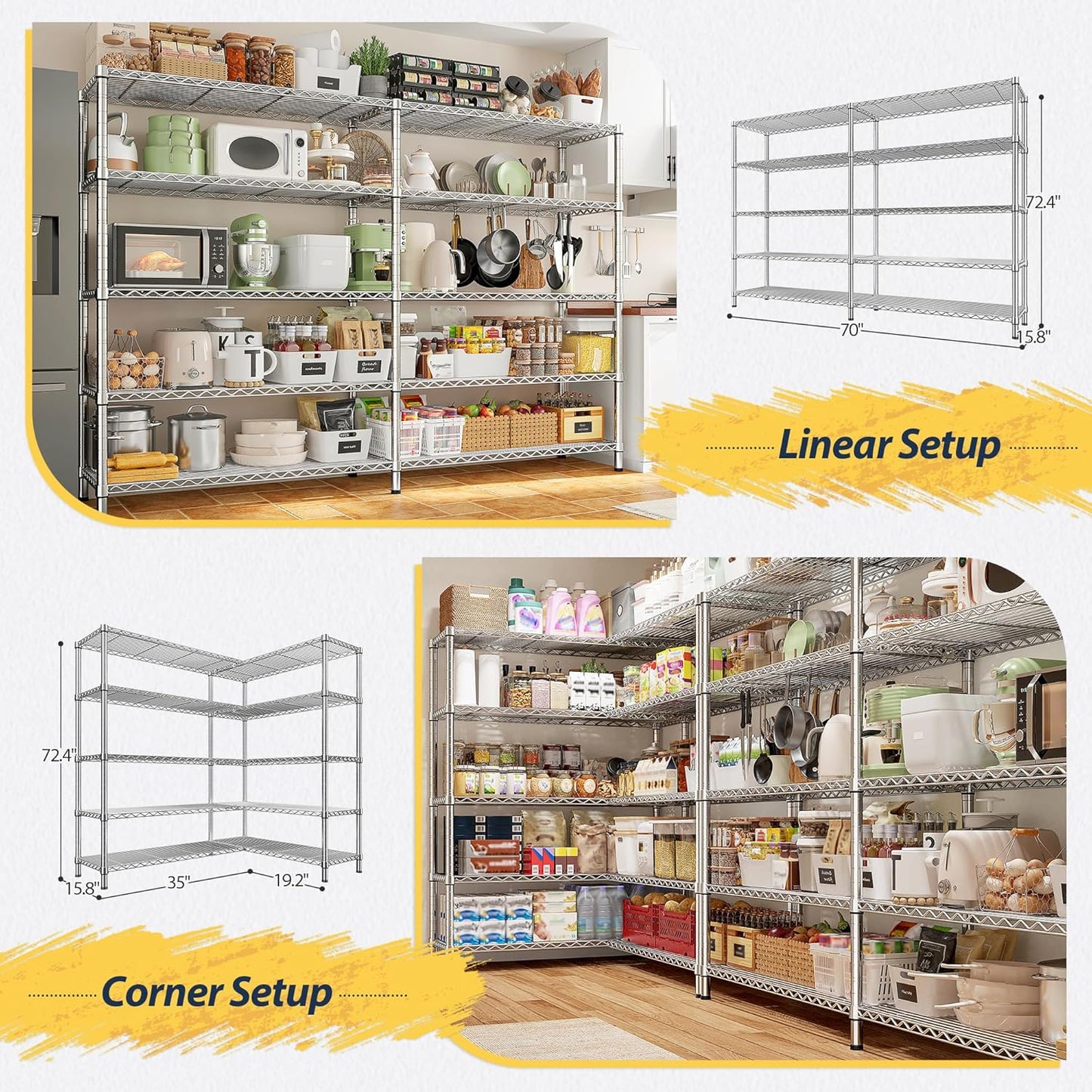 REIBII 70" W Wire Shelving Load 1500LBS, Metal Shelving 5-Tier Storage Shelves Metal Shelves for Storage Adjustable Shelving Rack for Pantry Kitchen Commercial School 70" W*15.8" D*72.4" H,Chrome - NestledHome