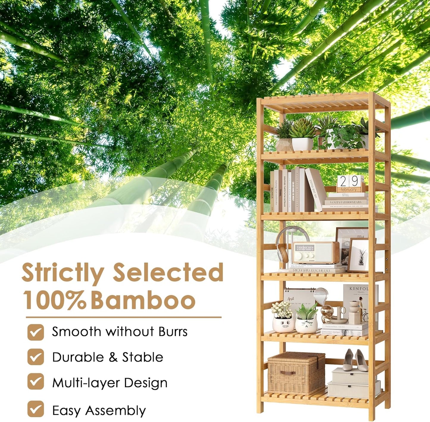 FOTOSOK 6-Tier Bamboo Shelf Set of 2, Bamboo Bookcase with Adjustable Shelves, Free Standing Storage Shelf Unit and Plant Flower Stand, Tall Large Bookshelf for Kitchen, Bathroom, Home Office, Natural - NestledHome