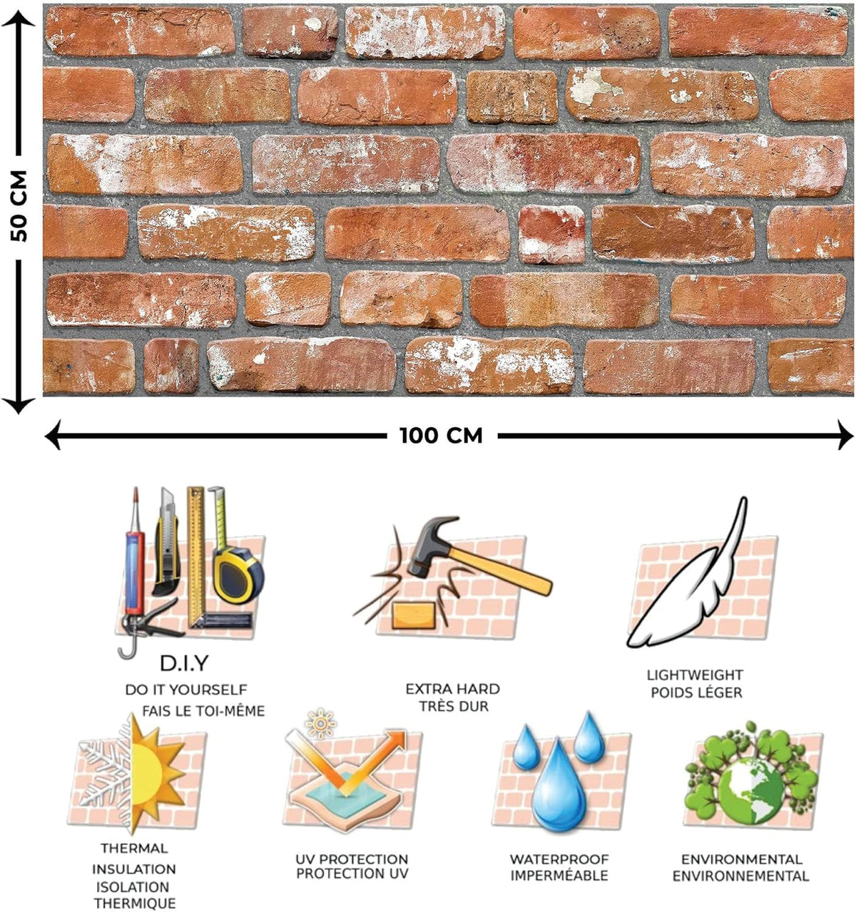 Dundee Deco 3D Wall Panels Faux Brick - Cladding, Red Orange Stone Look Wall Paneling, Styrofoam Facing for Living Room, Kitchen, Bathroom, Balcony, Bedroom, Sample, Size 10 x 10 in.