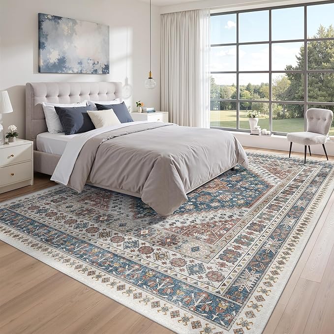 zesthome 9x12 Area Rugs,Stain Resistant Washable Rug,Ultra-Thin Rugs for Living Room,Bedroom,Non-Slip Backing Home Decor Large Area Rug (Navy Blue/Red,9'x12')