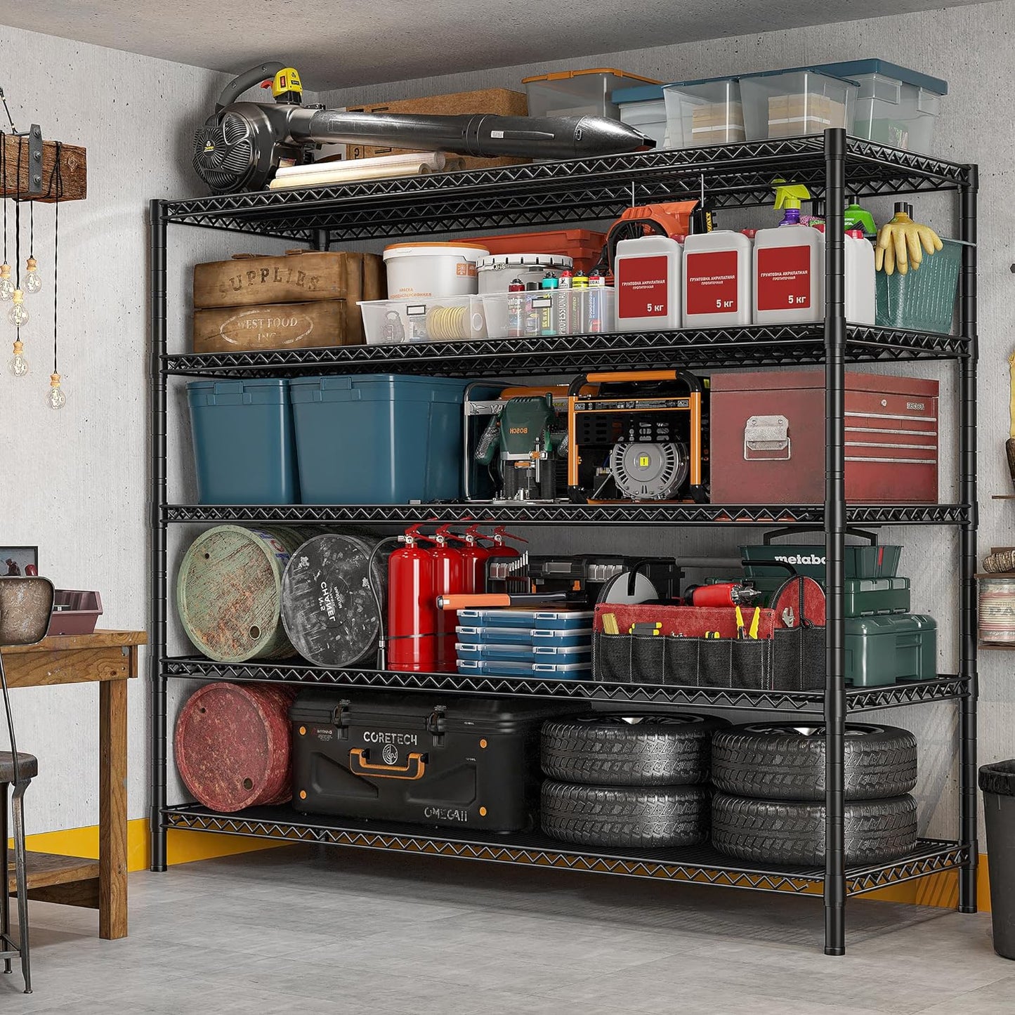 REIBII 85.7"H Storage Shelves 2998LBS Metal Shelving Units with Wheels&Feet, 5 Tier Garage Shelving Heavy Duty Adjustable Wire Shelf for Pantry Garage Commercial Industrials, 85.7"H X 55.5"W X 24.2"D - NestledHome