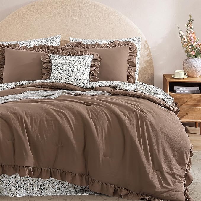 King Comforter Set - 7 Pieces Ruffle Amber Brown Bedding Sets, Shabby Chic Farmhouse Bed in a Bag with Ruffle Comforter, Floral Sheets, Pillowcases & Shams