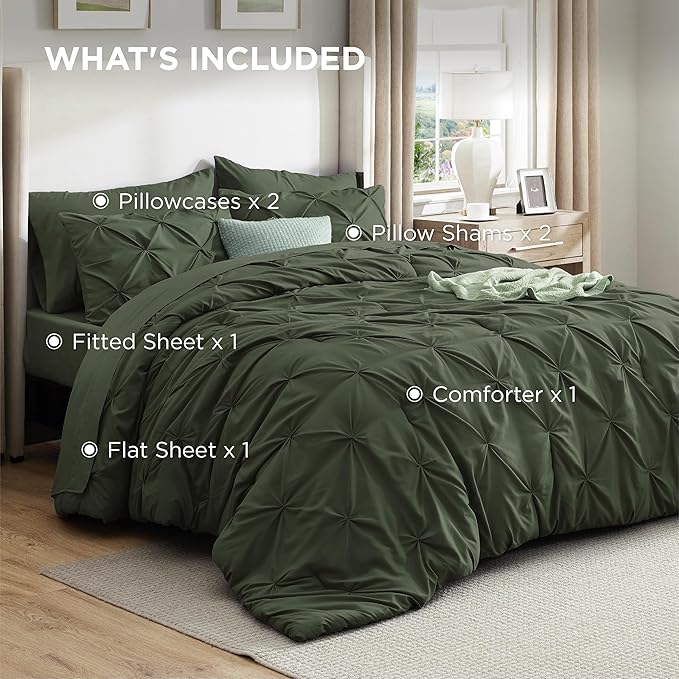 Bedsure Oversized King Comforter Set Olive Green - Bed in a Bag Bedding Set 7 Pieces, GentleSoft™ Pintuck Bed Set Gift for Family, Pinch Pleat Olive Green Comforter with Sheets, Pillowcases & Shams