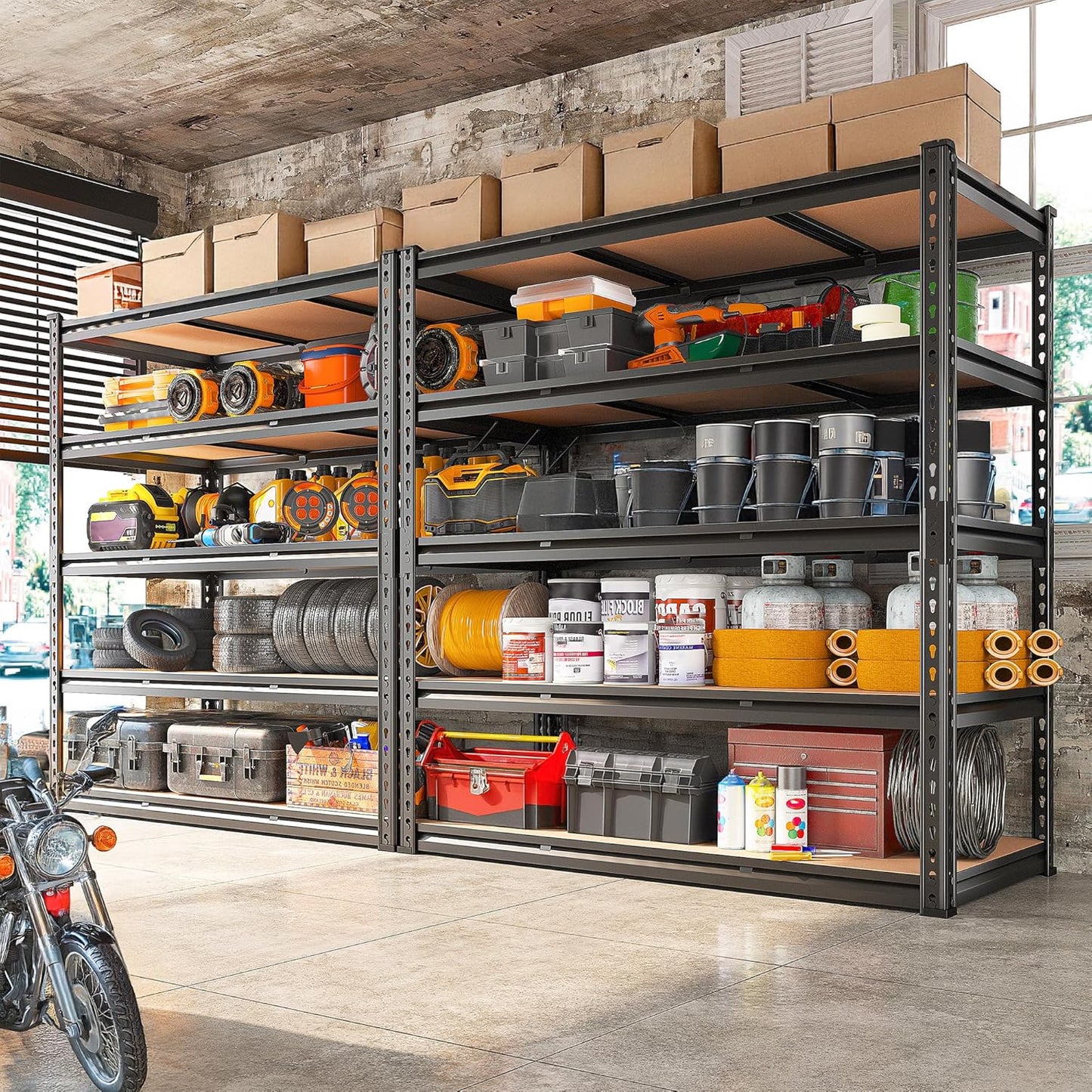 REIBII 48.2" W Garage Shelving, Storage Shelves Load 3000LBS, Adjustable Garage Shelving Heavy Duty for Pantry, Basement, Warehouse, 48.2" W X 71.9" H X 24" D, Black - NestledHome