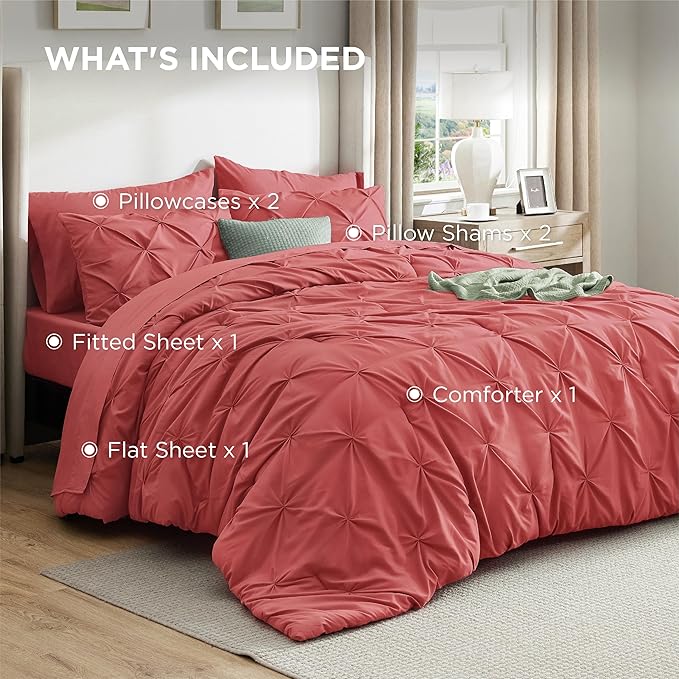 Bedsure Full Comforter Set Coral Red - Bed in a Bag Full Size Bedding Set 7 Pieces, GentleSoft™ Pintuck Bed Set Gift for Family, Pinch Pleat All Season Comforter with Sheets, Pillowcases & Shams