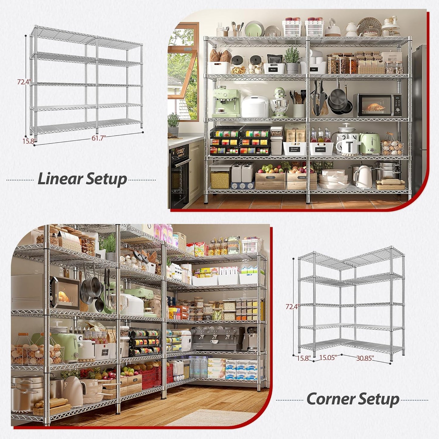 REIBII 1500LBS Storage Shelves 61.7''W Wire Shelving Unit 5 Tier Metal Shelving for Storage Rack Shelves Heavy Duty Garage Shelf Pantry Shelves Kitchen Shelving, 61.7" W*72.4" H*15.8" D, Chrome - NestledHome