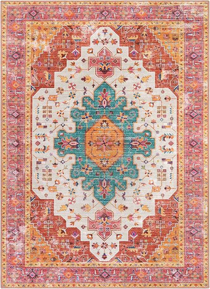 Moynesa Ultra-Thin Washable Area Rug - 4x6 Pink Rugs for Bedroom Girls Vintage Rug for Living Room, Non Slip Non Shedding Low Pile Indoor Throw Carpet for Nursery Office Entryway Kitchen Foyer