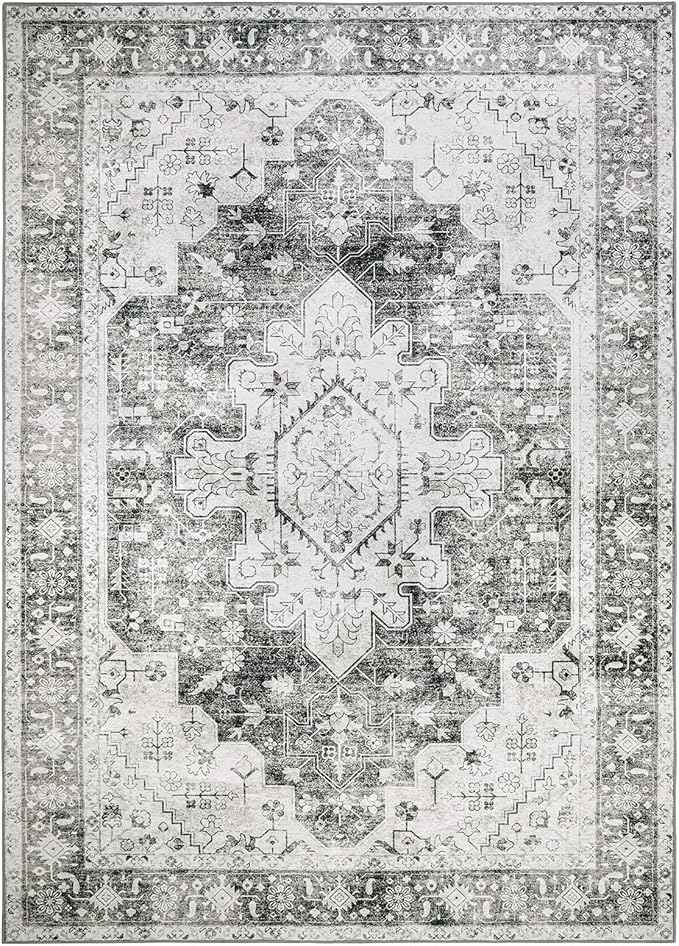 Moynesa Ultra-Thin Washable Area Rug - 5x7 Large Gray Rug for Living Room Vintage Rugs for Bedroom, Non Slip Non Shedding Pet Friendly Dining Room Mat Carpet for Department Office Kitchen