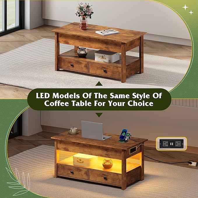 WLIVE Coffee Table, Lift Top Coffee Table with Drawers, LED Light, Large Storage and Open Shelf, Lift Tabletop for Living Room, Rustic Brown