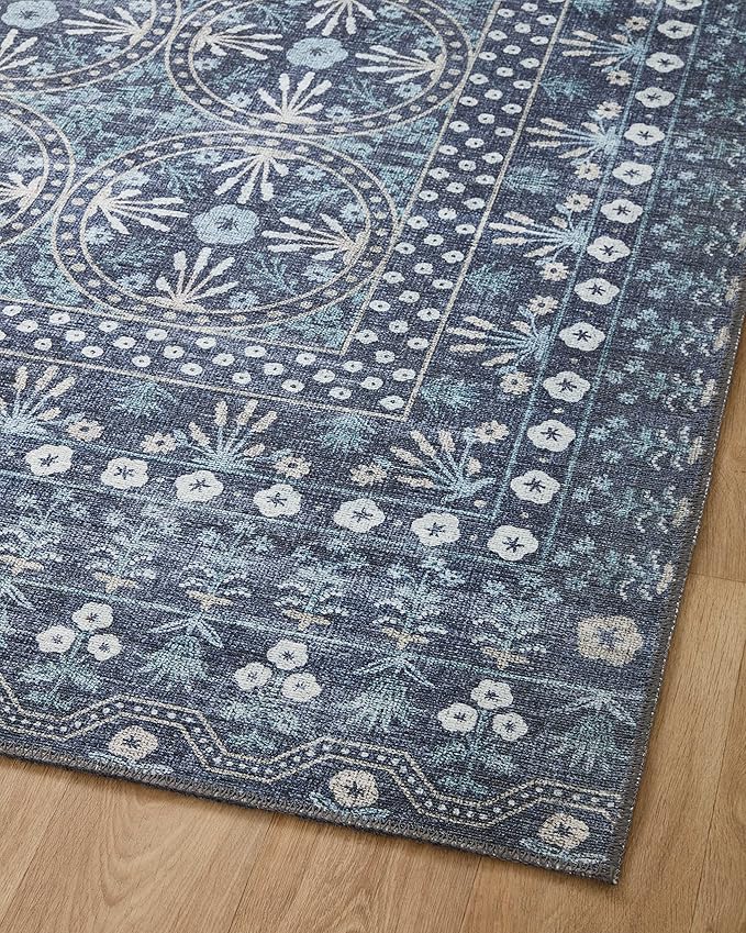 Loloi Rifle Paper Co. Maison Collection MAO-03 Rosette Blue 2'-6" x 12'-0", .19" Pile Height, Runner Rug