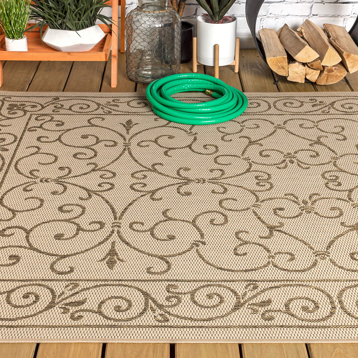 Vintage Filigree Indoor Outdoor Area Rug 4X6 Beige