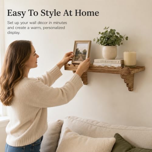 Scalloped Floating Wood Wall Shelf with Matching Wood Brackets