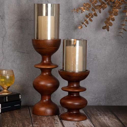 Wooden Hurricane Glass Candle Holder