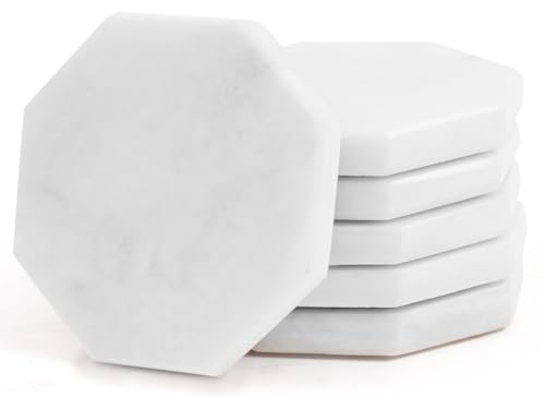 Marble Coasters Set of 6 White Drink Coasters for Table Decor