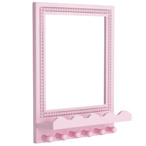 16x12 Inch Wall Mount Beaded Wood Framed Mirror with Shelf and 6 Hooks