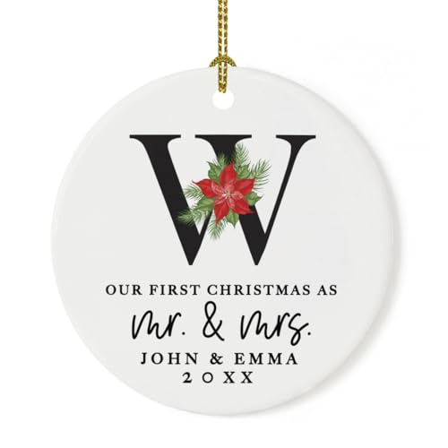 Personalized Our First Christmas As Mr. & Mrs. 2026 Christmas Ornaments Monogram Poinsettia 2.8" Round Porcelain Ceramic 1st Year Married Custom Ornament Keepsake for Newlyweds 1