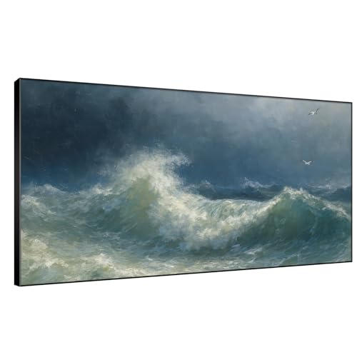 24"x46" Extra Large Framed Wall Art Dramatic Ocean Waves with Stormy Sky and Seagulls for Home Living Room Bedroom Decor