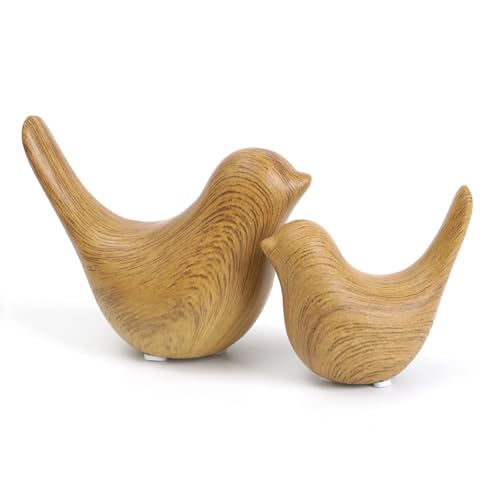 Wood Look Ceramic Birds Statues Home Decor Modern Style Decorative Ornaments for Living Room (2 Count)